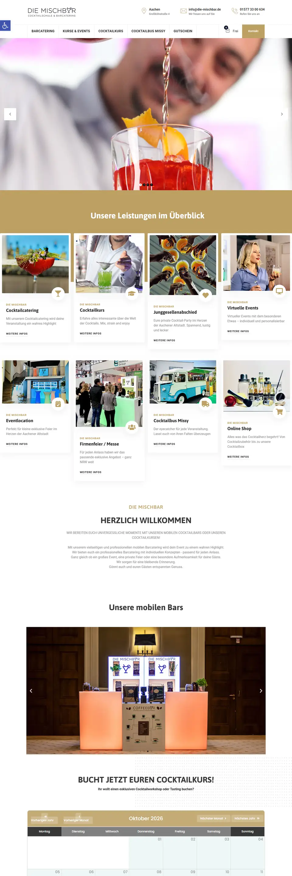 Website von Die Mischbar mit Leistungsübersicht: Cocktailcatering, Cocktailkurse, Junggesellenabschied, Eventlocation und Cocktailbus Missy