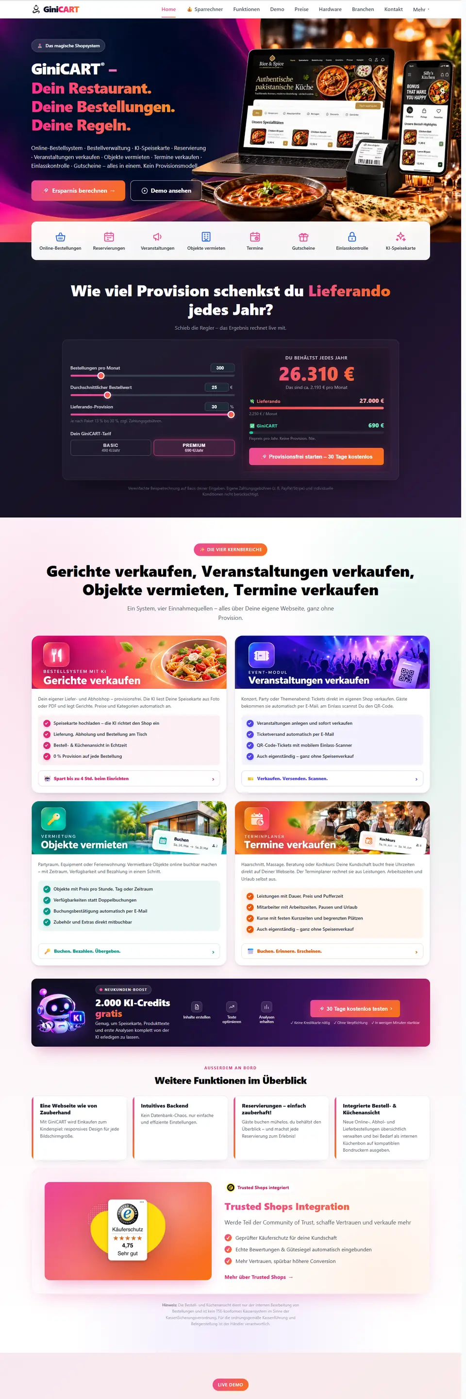 Startseite von GiniCART: „Dein Restaurant. Deine Bestellungen. Deine Regeln.“ mit Provisionsrechner und den vier Kernbereichen