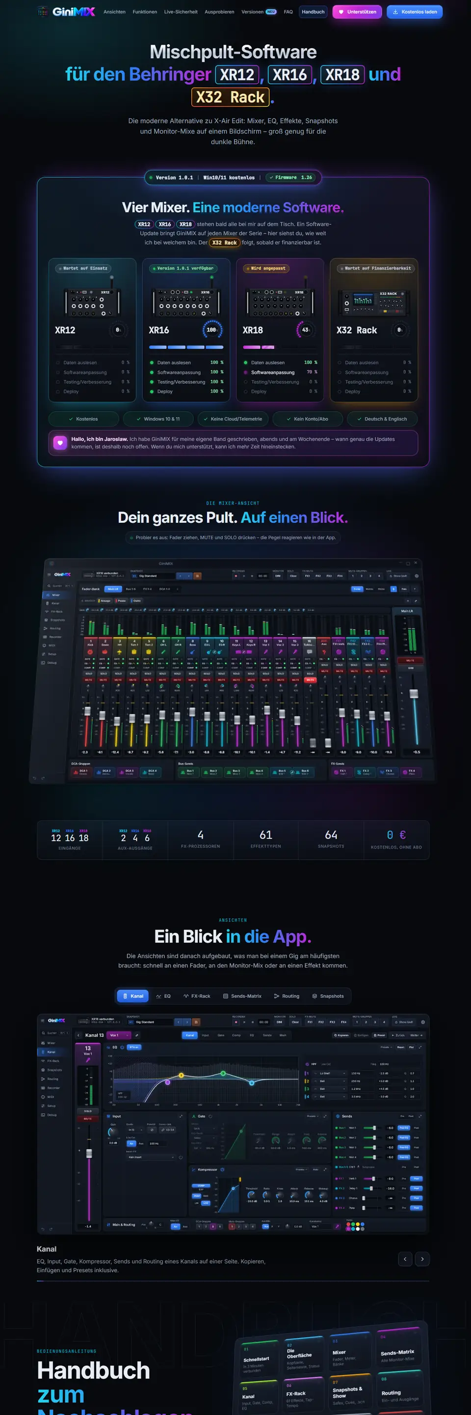 Website von GiniMIX: Mischpult-Software für Behringer XR12, XR16, XR18 und X32 Rack mit Ansicht der Mixer-Oberfläche