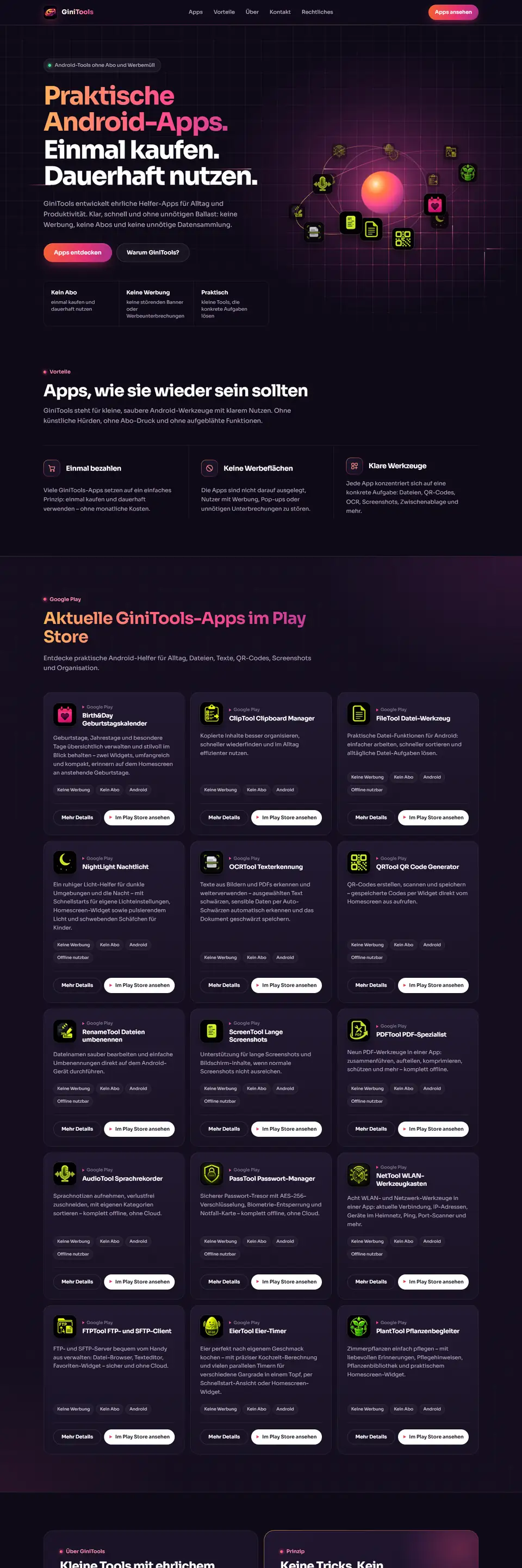 Website von GiniTools: „Praktische Android-Apps. Einmal kaufen. Dauerhaft nutzen.“ mit Übersicht der Apps