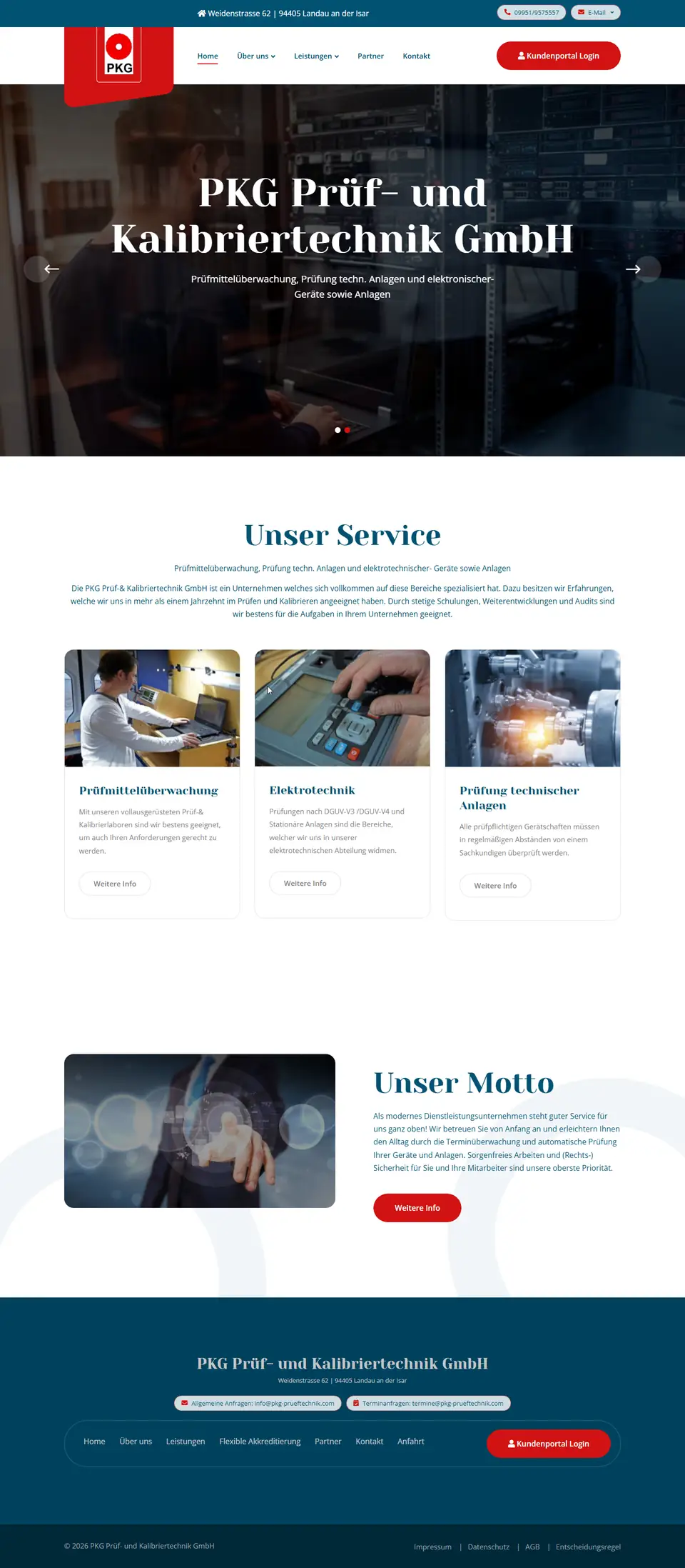 Website der PKG Prüf- und Kalibriertechnik GmbH mit Leistungen Prüfmittelüberwachung, Elektrotechnik und Prüfung technischer Anlagen